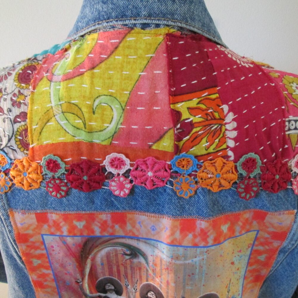 Boho Kantha Denim Jacket, Artisan Crafted Patchwork Distressed Jean Jacket M - Picture 3 of 10